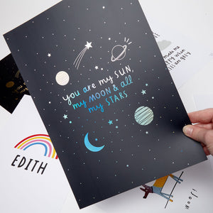 Sun, Moon and Stars Navy & gold foil detail - A4 Art Print