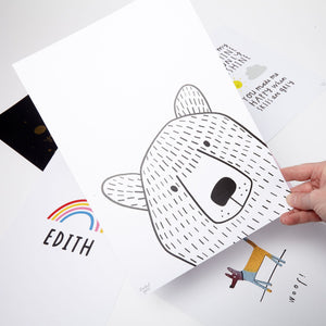 Mr Bear Peek-a-boo Art Print - Unframed, size A4, planet-friendly materials