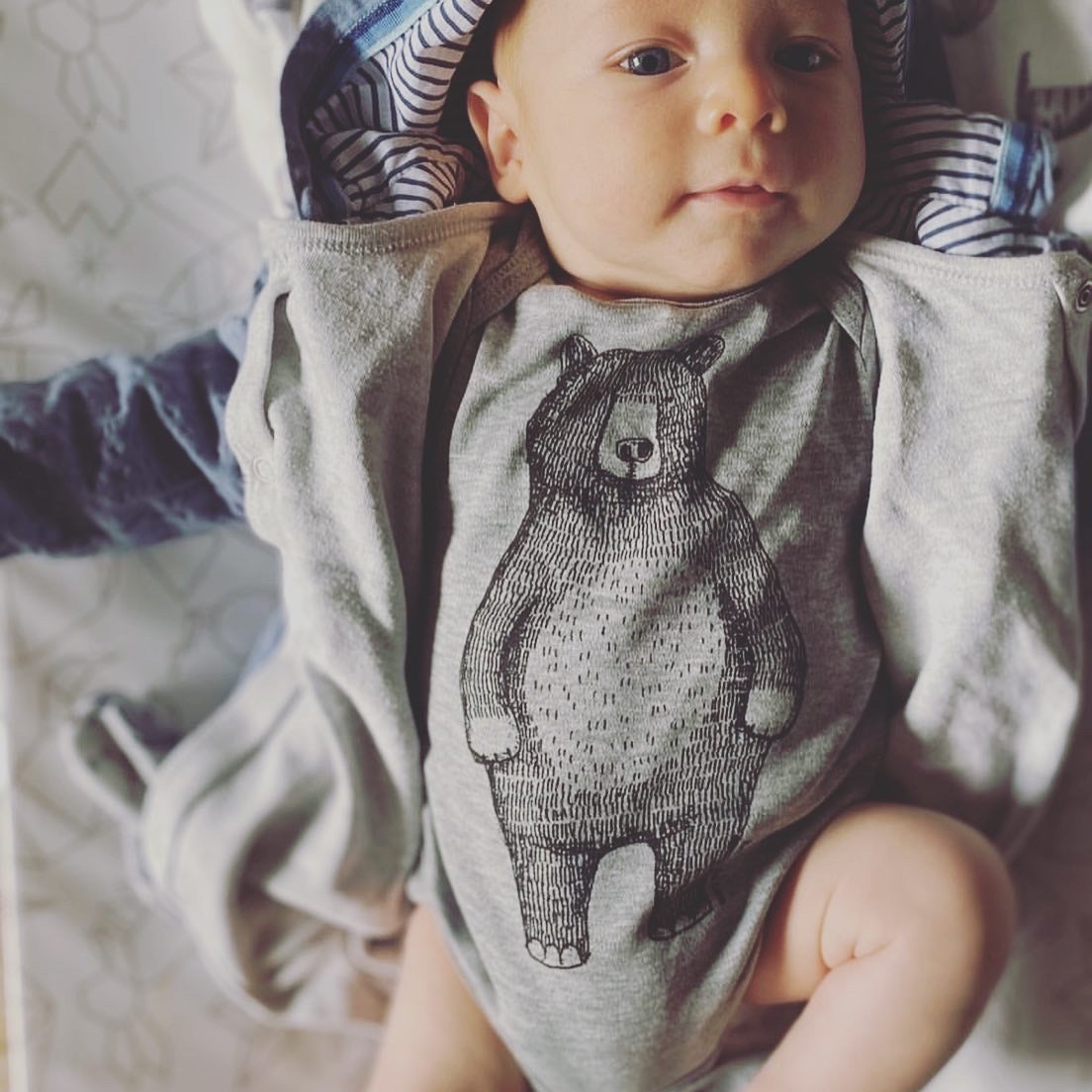 Mr Bear Organic Cotton Babygrow - Grey cotton, long sleeved