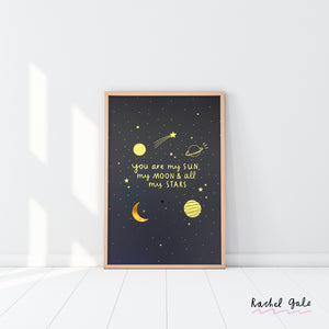 Sun, Moon and Stars Navy & gold foil detail - A4 Art Print