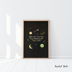Sun, Moon and Stars Navy & gold foil detail - A4 Art Print